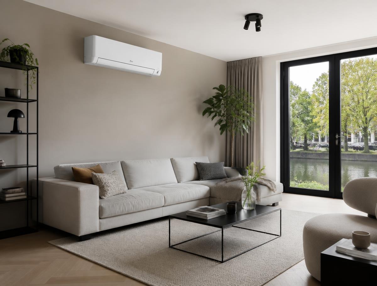 Moderne Nederlandse woonkamer met een airco aan de wand
